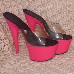 Pleaser Hot Pink Platform Heels with Clear Strap
